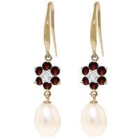 Pearl, Diamond and Garnet Daisy Chain Drop Earrings 8.95ctw in 9ct Gold