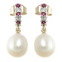 Pearl, Ruby and Diamond Stud Earrings 8.24ctw in 9ct Gold