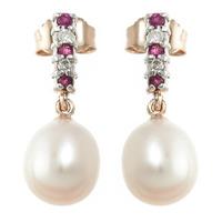 Pearl, Ruby and Diamond Stud Earrings 8.24ctw in 9ct Rose Gold