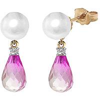 pearl diamond and pink topaz stud earrings 65ctw in 9ct gold