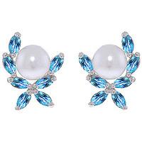 Pearl and Blue Topaz Ivy Stud Earrings 3.25ctw in 9ct White Gold