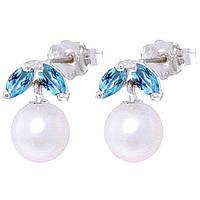 Pearl and Blue Topaz Snowdrop Stud Earrings 4.4ctw in 9ct White Gold