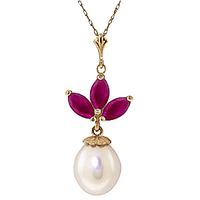 Pearl and Ruby Petal Pendant Necklace 4.75ctw in 9ct Gold