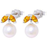 Pearl and Citrine Snowdrop Stud Earrings 4.4ctw in 9ct White Gold