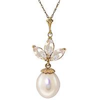 Pearl and White Topaz Petal Pendant Necklace 4.75ctw in 9ct Gold