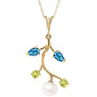 Pearl, Blue Topaz and Peridot Vine Pendant Necklace 2.7ctw in 9ct Gold