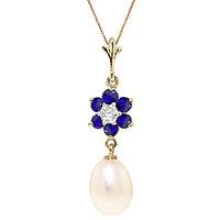 Pearl, Sapphire and Diamond Daisy Pendant Necklace 4.5ctw in 9ct Gold