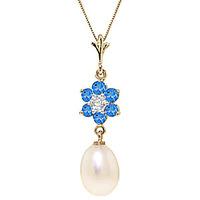 Pearl, Blue Topaz and Diamond Daisy Pendant Necklace 4.5ctw in 9ct Gold