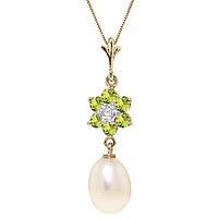 Pearl, Peridot and Diamond Daisy Pendant Necklace 4.5ctw in 9ct Gold