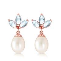 Pearl and Aquamarine Petal Drop Earrings 9.5ctw in 9ct Rose Gold