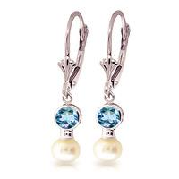 Pearl and Blue Topaz Drop Earrings 2.7ctw in 9ct White Gold