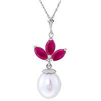 Pearl and Ruby Petal Pendant Necklace 4.75ctw in 9ct White Gold