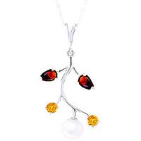 Pearl, Garnet and Citrine Vine Pendant Necklace 2.7ctw in 9ct White Gold