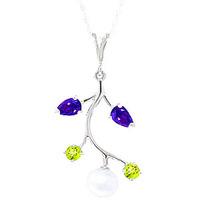 Pearl, Amethyst and Peridot Vine Pendant Necklace 2.7ctw in 9ct White Gold