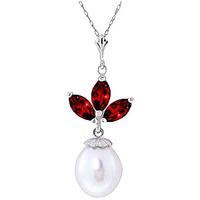 Pearl and Garnet Petal Pendant Necklace 4.75ctw in 9ct White Gold