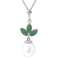 Pearl and Emerald Petal Pendant Necklace 4.75ctw in 9ct White Gold