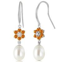 Pearl, Diamond and Citrine Daisy Chain Drop Earrings 8.95ctw in 9ct White Gold