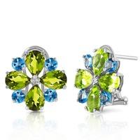 Peridot and Blue Topaz Sunflower Stud French Clip Earrings 4.85ctw in 9ct White Gold