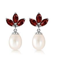 Pearl and Garnet Petal Drop Earrings 9.5ctw in 9ct White Gold