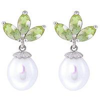 Pearl and Green Amethyst Petal Drop Earrings 9.5ctw in 9ct White Gold