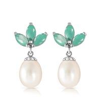 Pearl and Emerald Petal Drop Earrings 9.5ctw in 9ct White Gold