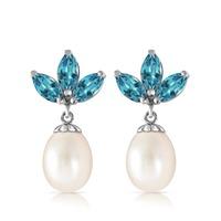 Pearl and Blue Topaz Petal Drop Earrings 9.5ctw in 9ct White Gold