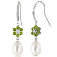 Pearl, Diamond and Peridot Daisy Chain Drop Earrings 8.95ctw in 9ct White Gold