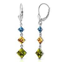 Peridot, Blue Topaz and Citrine Three Stone Drop Earrings 4.8ctw in 9ct White Gold