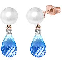 Pearl, Diamond and Blue Topaz Stud Earrings 6.5ctw in 9ct Rose Gold