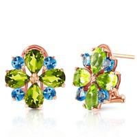 Peridot and Blue Topaz Sunflower Stud French Clip Earrings 4.85ctw in 9ct Rose Gold