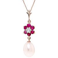 Pearl, Ruby and Diamond Daisy Pendant Necklace 4.5ctw in 9ct Rose Gold