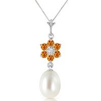 Pearl, Citrine and Diamond Daisy Pendant Necklace 4.5ctw in 9ct White Gold