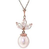 Pearl and White Topaz Petal Pendant Necklace 4.75ctw in 9ct Rose Gold