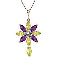 Peridot, Diamond and Amethyst Flower Cross Pendant Necklace 1.98ctw in 9ct Gold