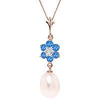 Pearl, Blue Topaz and Diamond Daisy Pendant Necklace 4.5ctw in 9ct Rose Gold