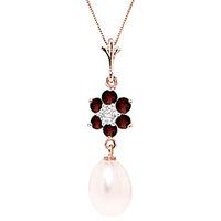 Pearl, Garnet and Diamond Daisy Pendant Necklace 4.5ctw in 9ct Rose Gold