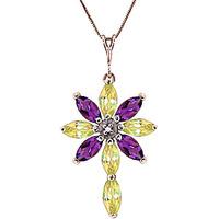 Peridot, Diamond and Amethyst Flower Cross Pendant Necklace 1.98ctw in 9ct Rose Gold