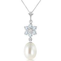 Pearl, Aquamarine and Diamond Daisy Pendant Necklace 4.5ctw in 9ct White Gold