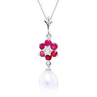 Pearl, Ruby and Diamond Daisy Pendant Necklace 4.5ctw in 9ct White Gold