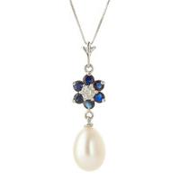 Pearl, Sapphire and Diamond Daisy Pendant Necklace 4.5ctw in 9ct White Gold