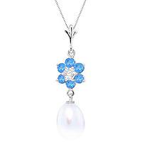 Pearl, Blue Topaz and Diamond Daisy Pendant Necklace 4.5ctw in 9ct White Gold