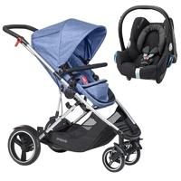 phil teds voyager 2in1 travel system blue marl new
