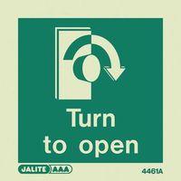 PHOTOLUMINESCENT SIGN \'TURN TO OPEN LEFT\' H X W: 150 X 150