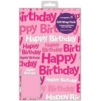 Pink Happy Birthday 2 Sheet Gift Wrap Pack