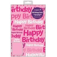 pink happy birthday 2 sheet gift wrap pack