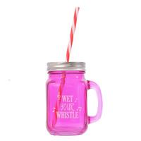 pink glass mason jar with handle lid and straw