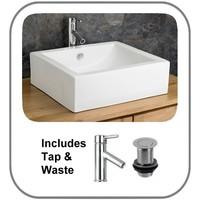 Piacenza 50cm Wide White Countertop Rectangular Basin with Mixer Tap and Pop Up Waste