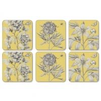 Pimpernel Placemats & Coasters Etchings & Roses Yellow Design, Yellow, CoastersOnly