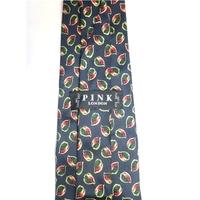 Pink London Navy Silk Tie with Leaf Design