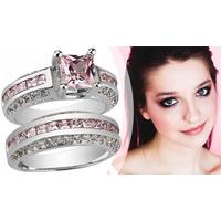 Pink Sapphire Princess Cut Rhodium Plated Ring